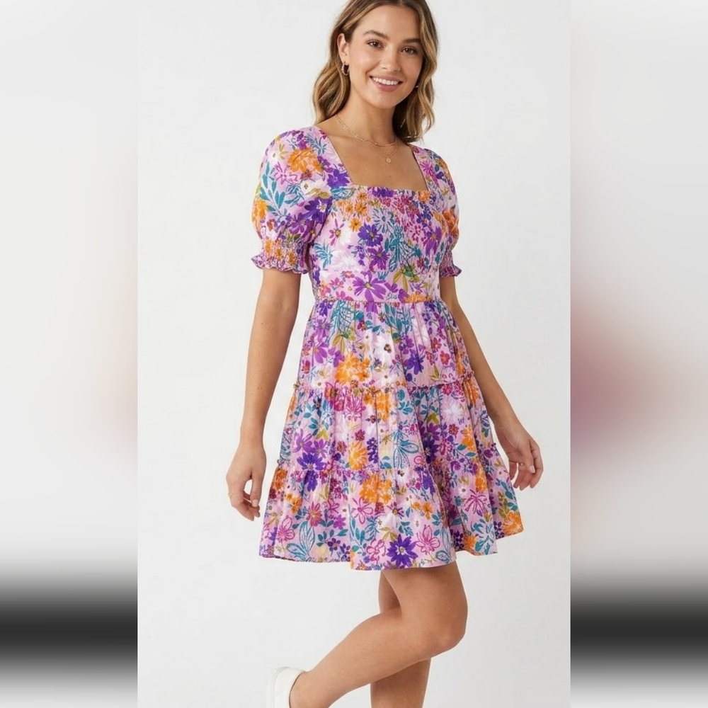 Blu Pepper Pink Floral Tiered Mini Dress Puff Sleeve S